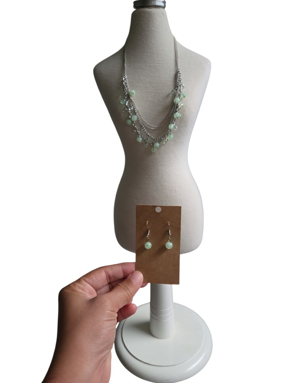 Silver Toned Multi-Strand Necklace and Earrings Set in Mint Green
